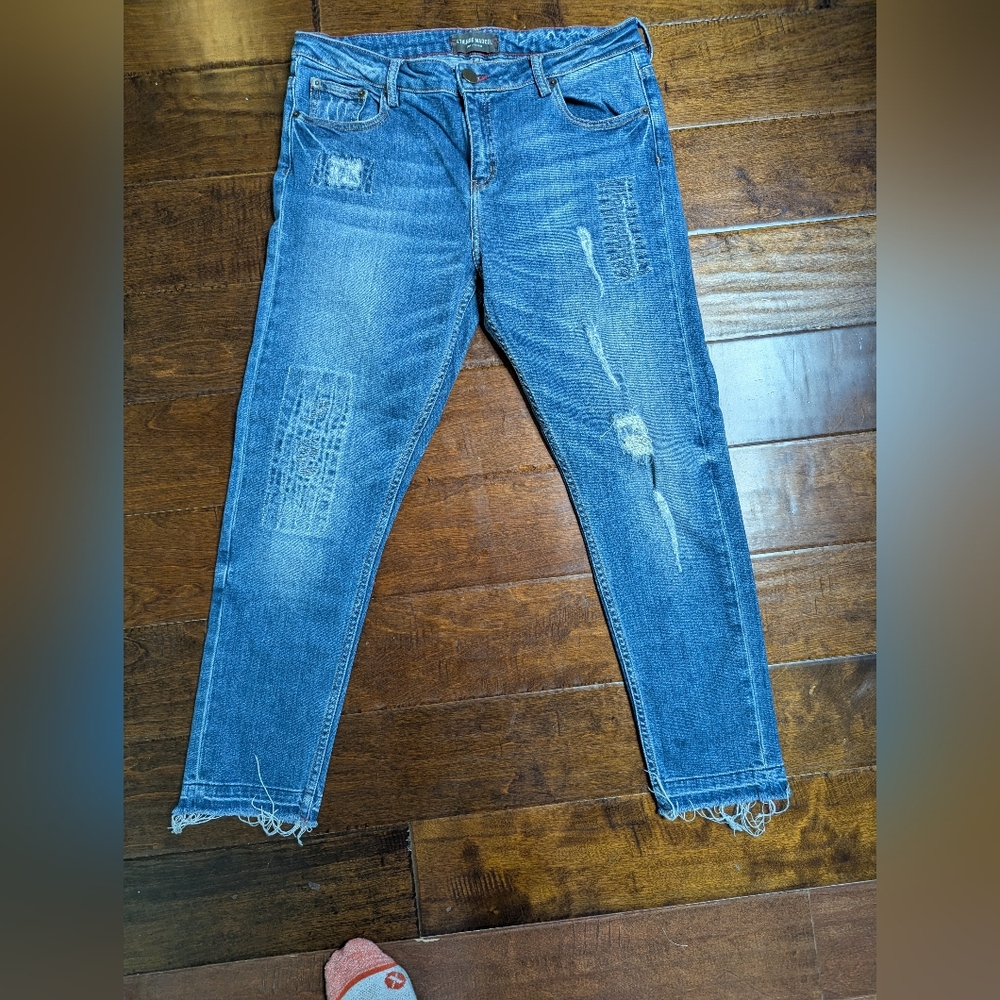 Etienne Marcel Jeans Women Size 28 Blue Raw Hem Patch Distressed Skinny Rocker